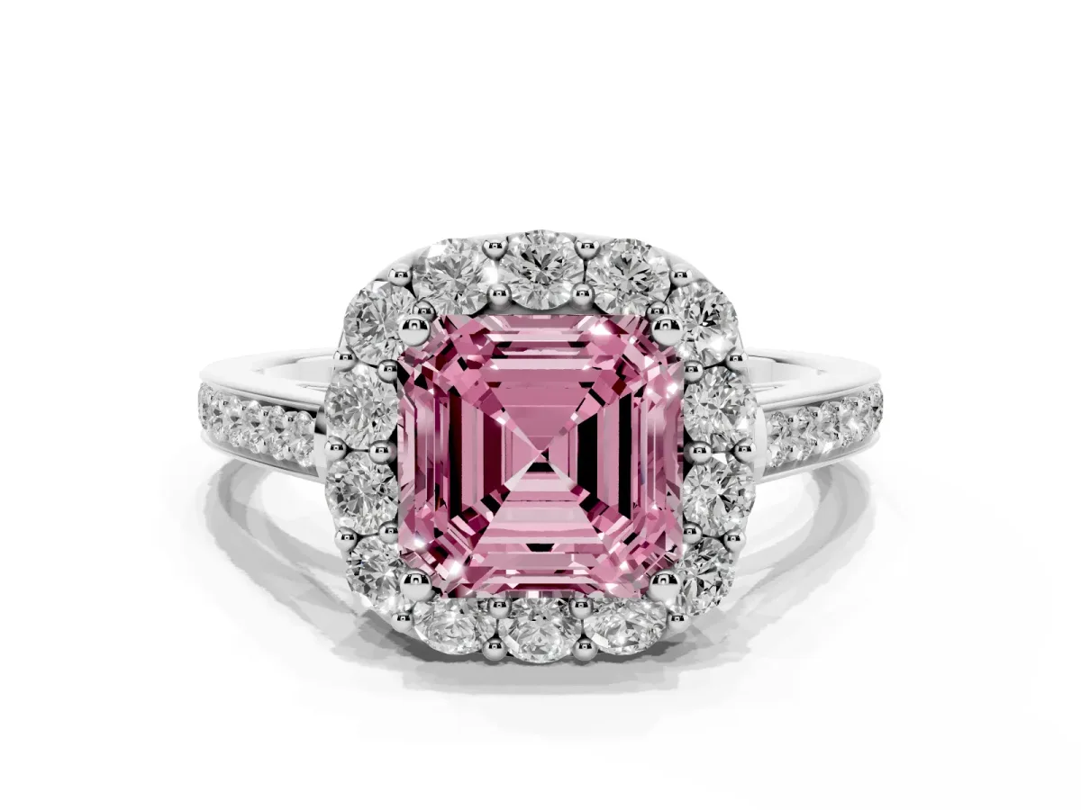 Fancy Pink Asscher Cut Diamond Floral Halo Ring with Pavé Band and Prong Setting Silver