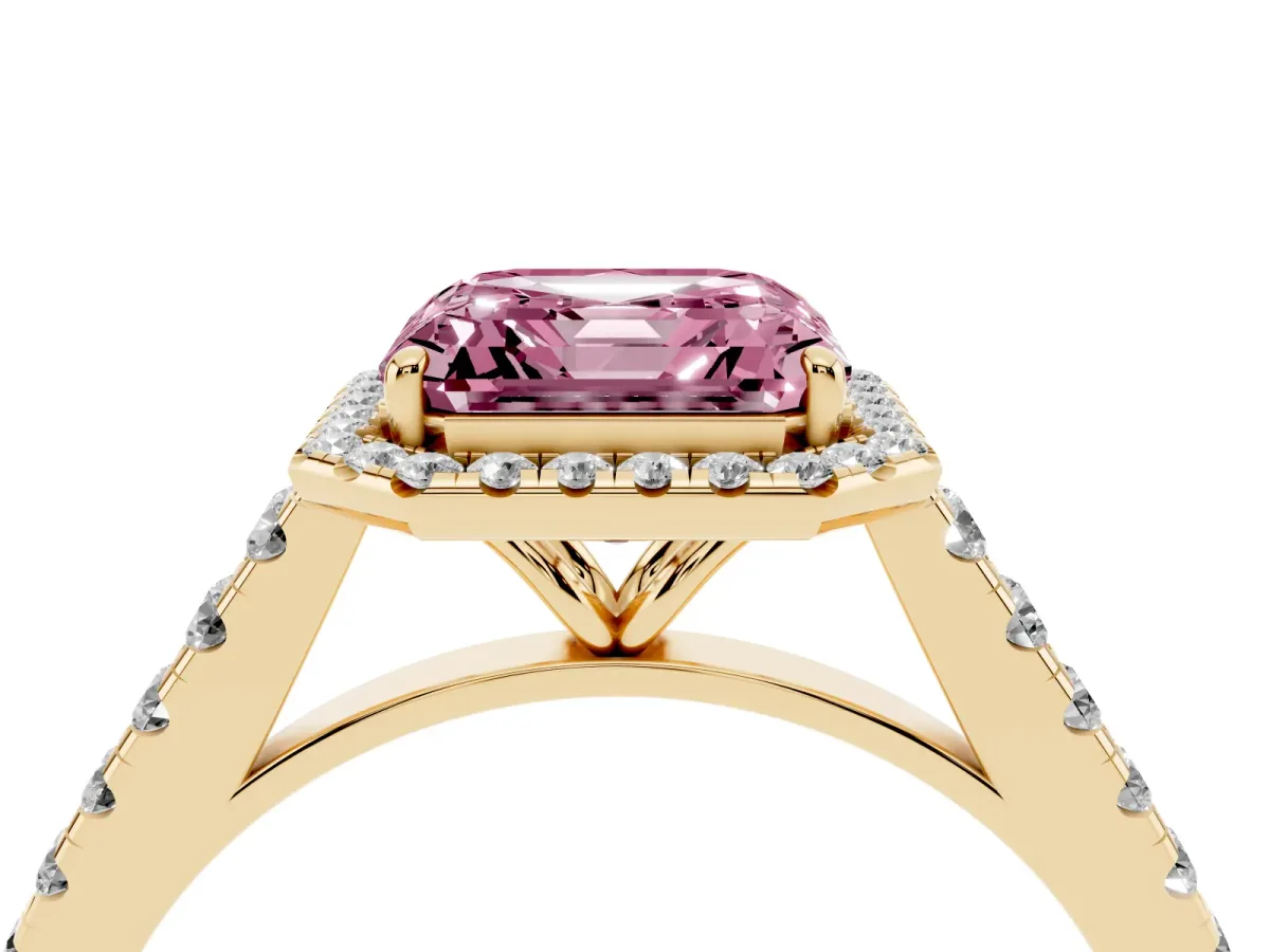 Fancy Pink Asscher Cut Halo Pave Diamond Engagement Ring with Four-Prong Setting Yellow gold