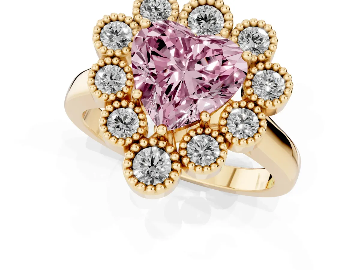 Fancy Pink Heart Cut Halo Diamond Cluster Engagement Ring with Milgrain Bezel Setting and Solitaire Band Yellow gold