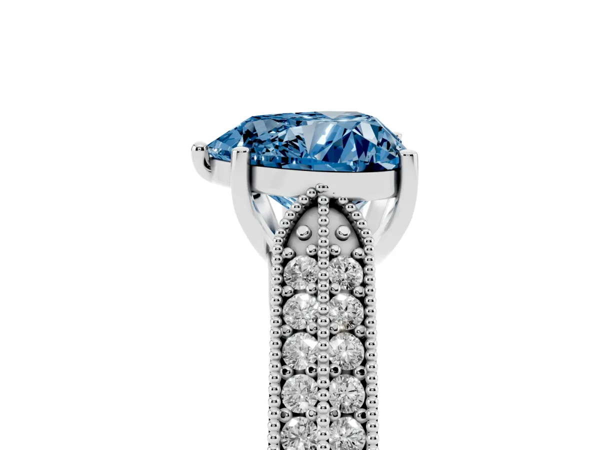 Fancy Blue Heart Cut Cut Pave Split Shank Engagement Ring with Four-Prong Setting Silver
