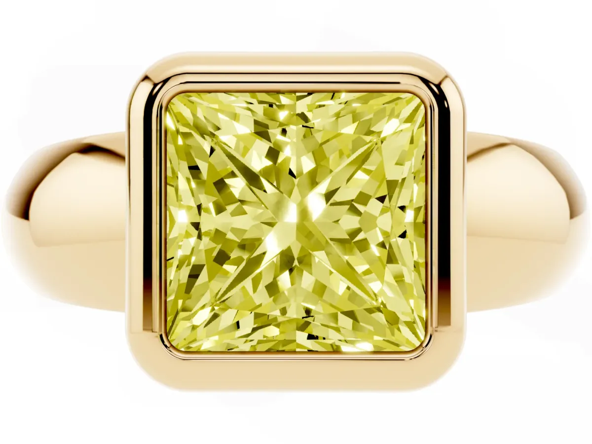 Fancy Yellow Bezel Set Princess Cut Solitaire Ring with Wide Band Yellow gold