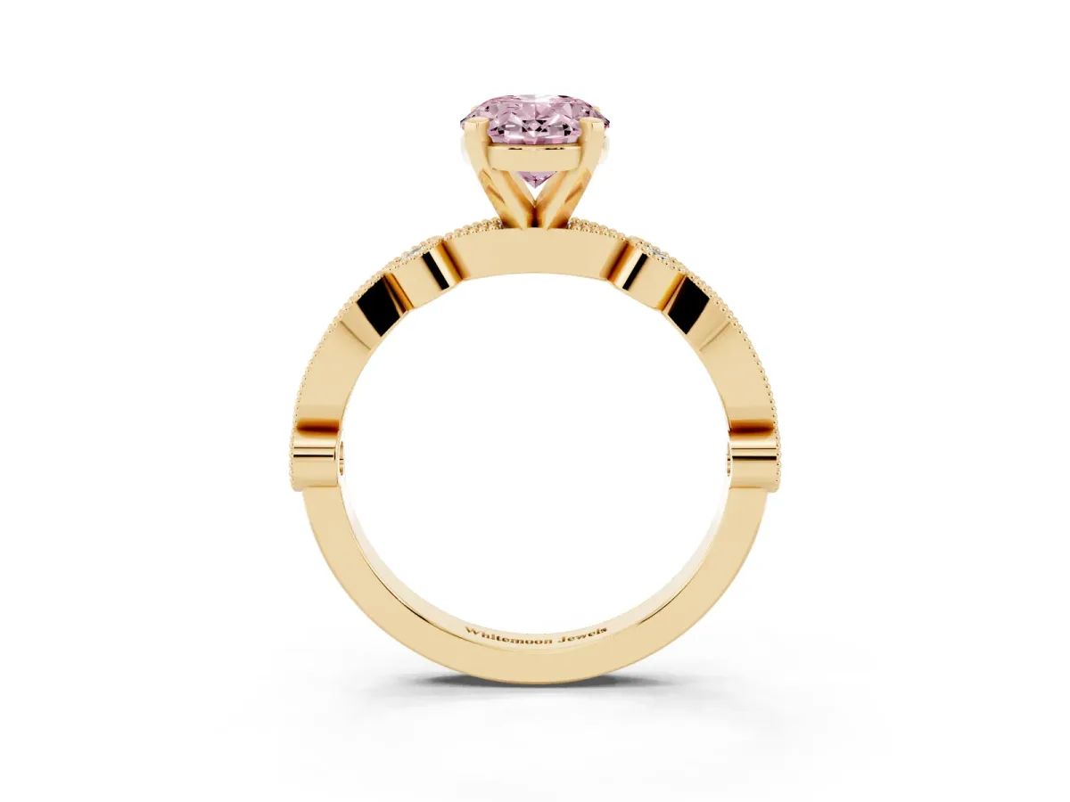 Fancy Pink Oval Cut Milgrain Bezel Diamond Engagement Ring with Solitaire Prong Setting Yellow gold