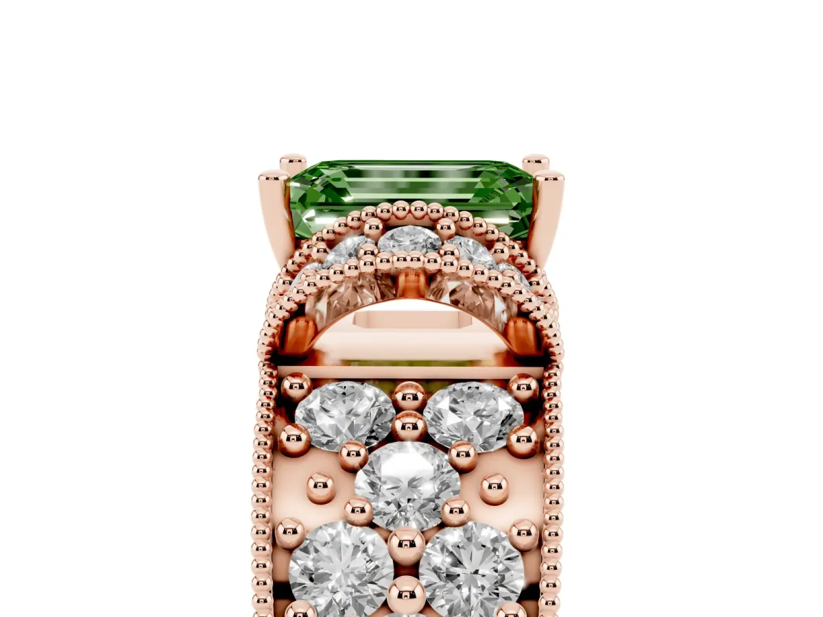 Fancy Green Emerald Cut Halo Pave Diamond Engagement Ring with Milgrain Detailing Rose gold