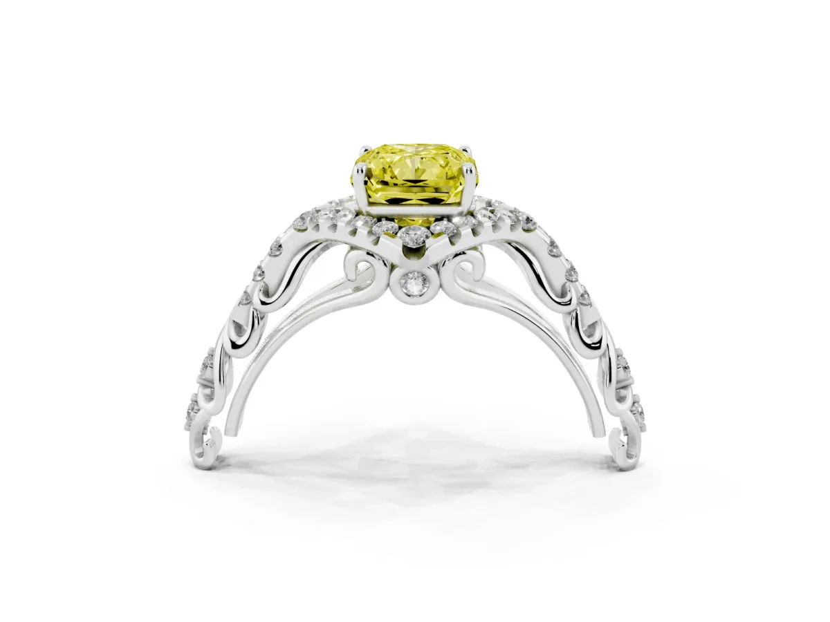 Fancy Yellow Radiant Cut Diamond Solitaire Ring with Hidden Halo and Pavé Band Platinum
