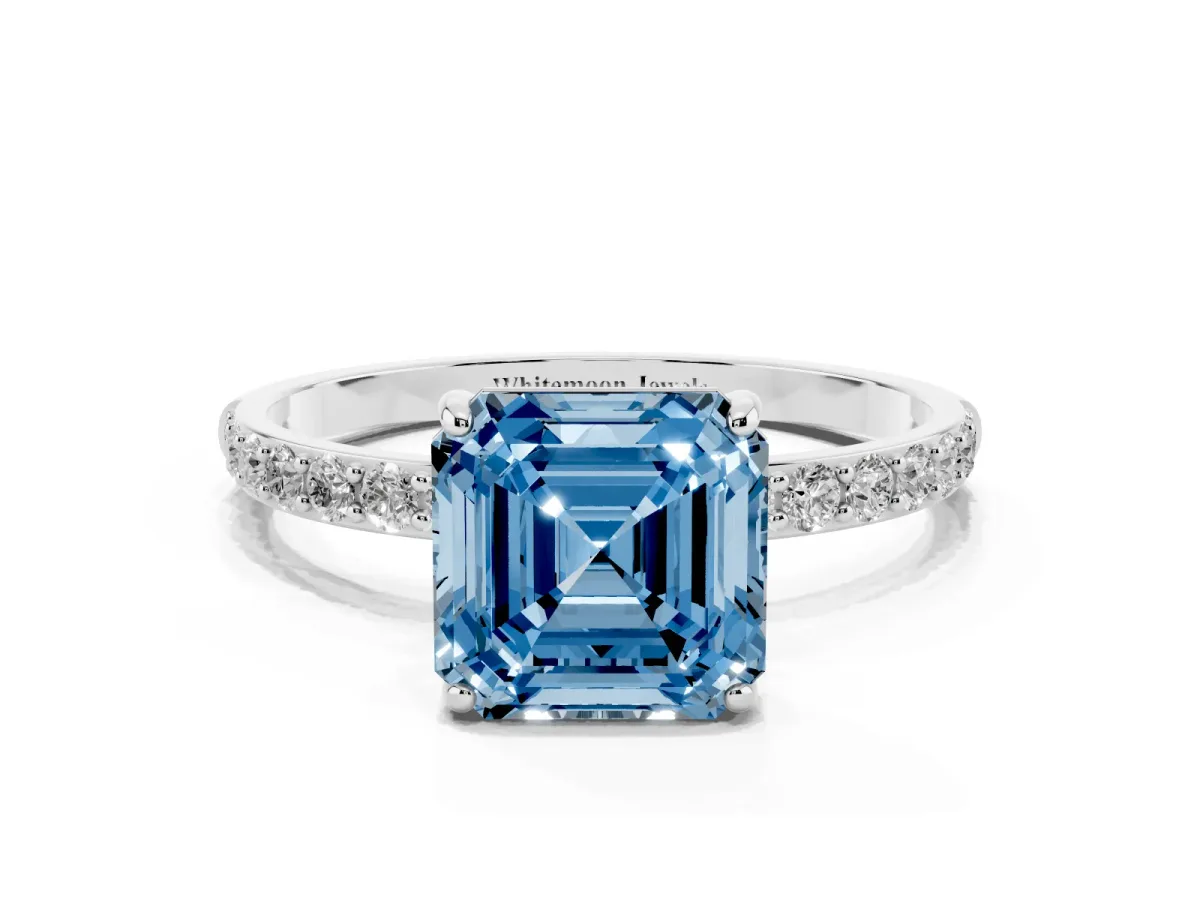 Fancy Blue Asscher Cut Diamond Solitaire Ring with Round Pavé Shoulders and Prong Setting Platinum