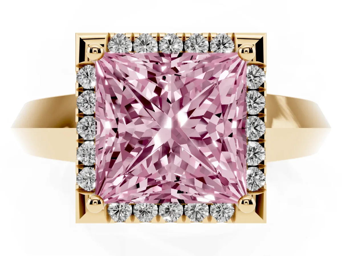 Fancy Pink Princess Cut Halo Diamond Ring with Cathedral Band and Four-Prong Setting Yellow gold