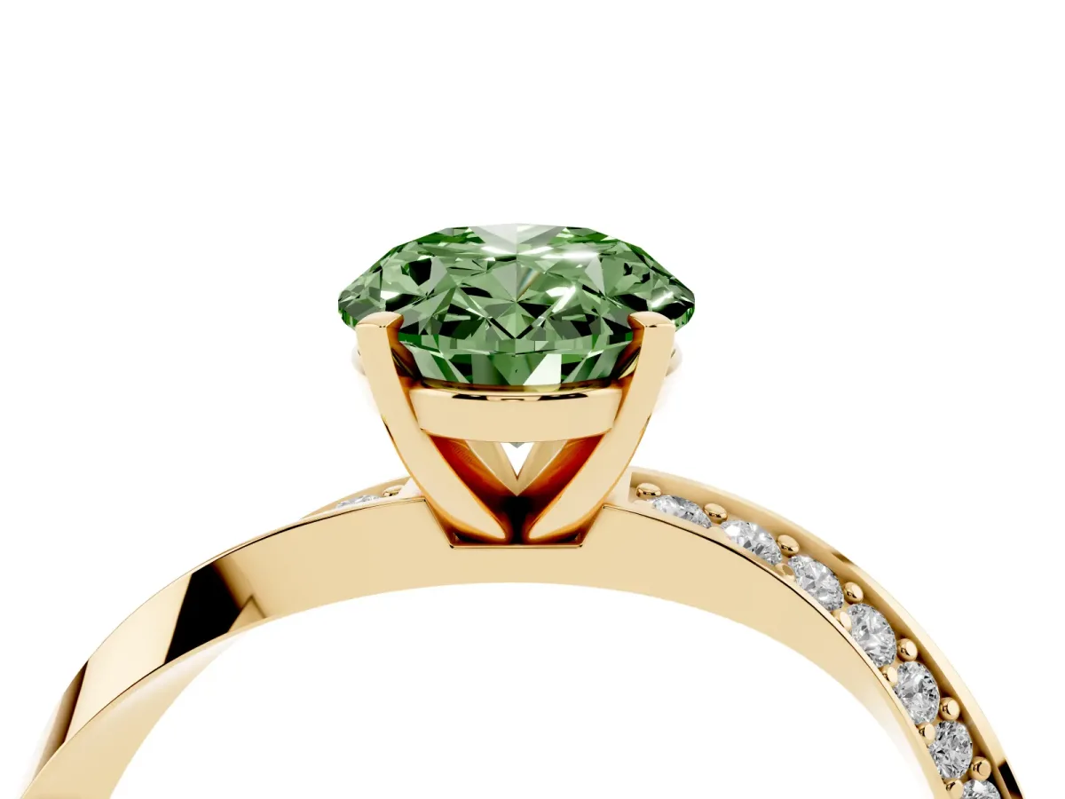 Fancy Green Oval Cut Diamond Engagement Ring with Side Stone Accents and Four-Prong Setting Yellow gold