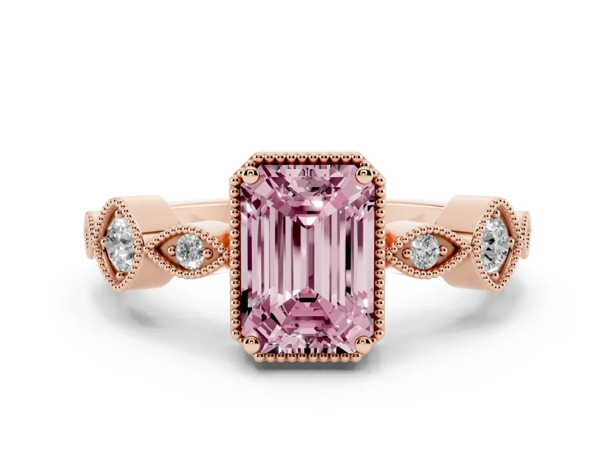 Fancy Pink Emerald Cut Diamond Vintage Milgrain Ring with Round Stations Rose gold
