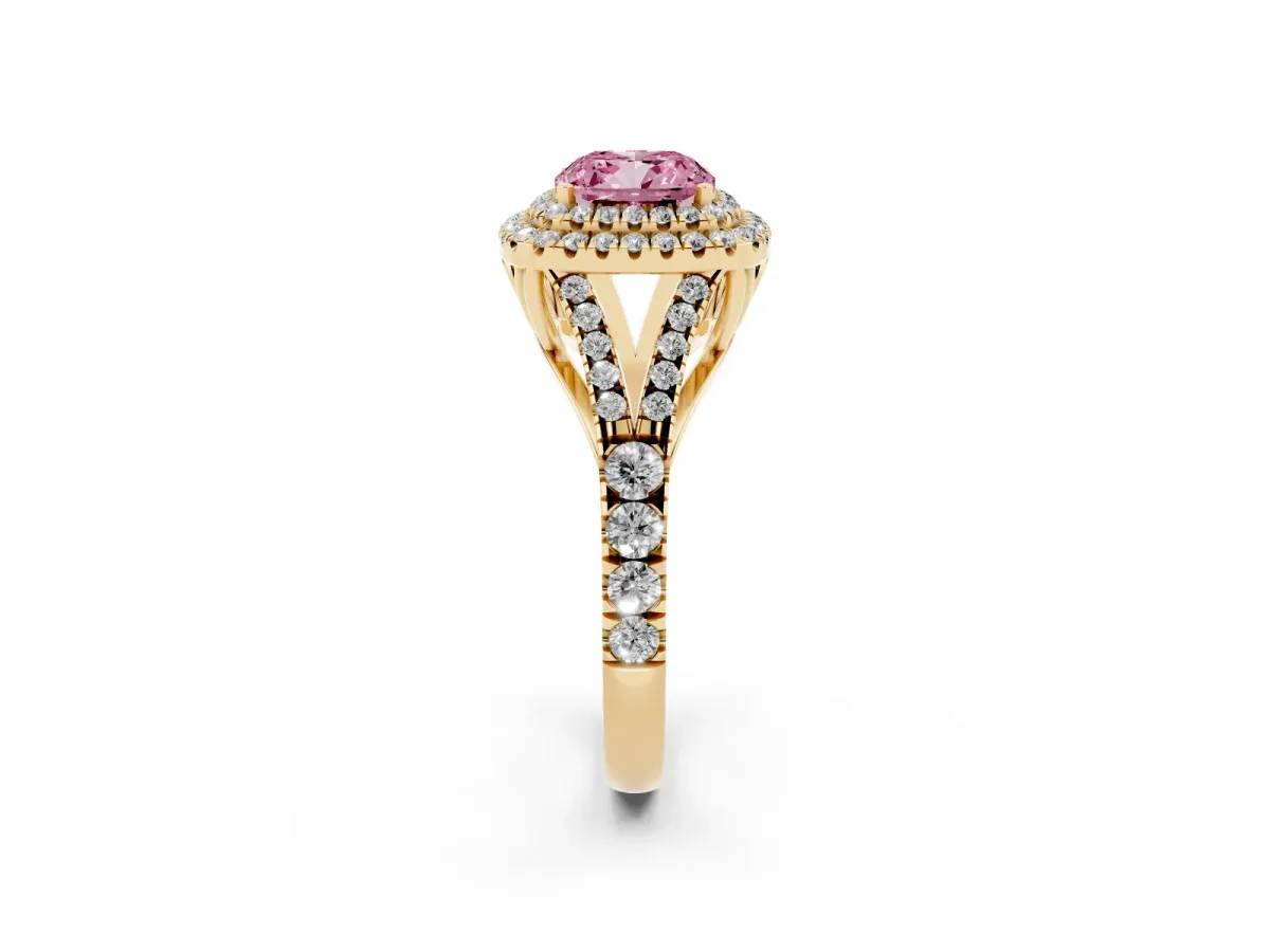 Fancy Pink Cushion Cut Diamond Pavé Split Shank Double Halo Engagement Ring Yellow gold