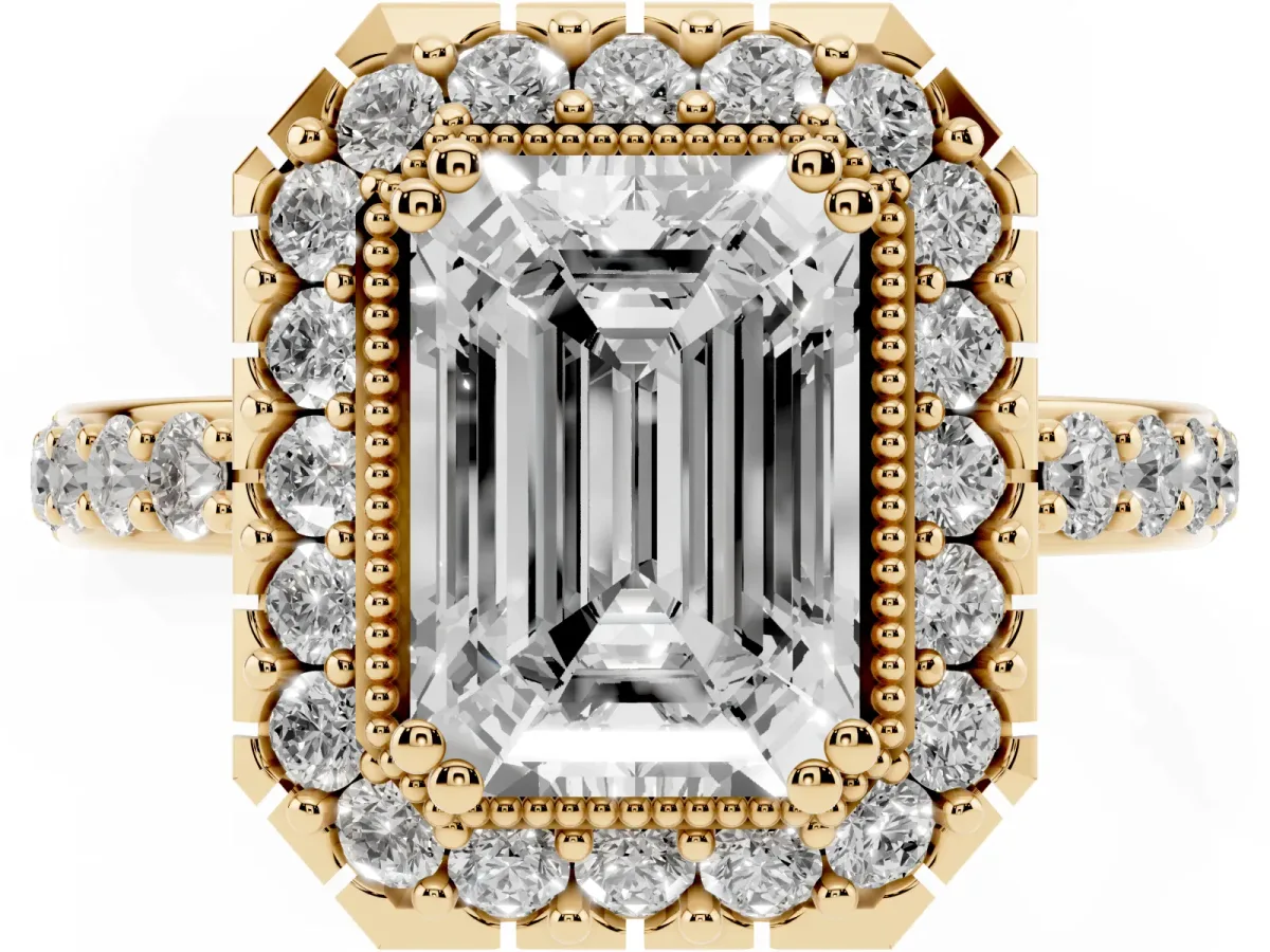 Emerald Cut Diamond Halo Ring with Pavé Band and Prong Setting Yellow gold