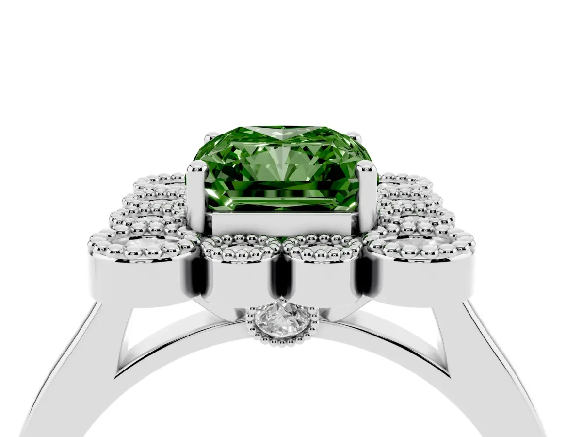 Fancy Green Radiant Cut Halo Diamond Cluster Engagement Ring with Milgrain Bezel Setting and Solitaire Band White gold