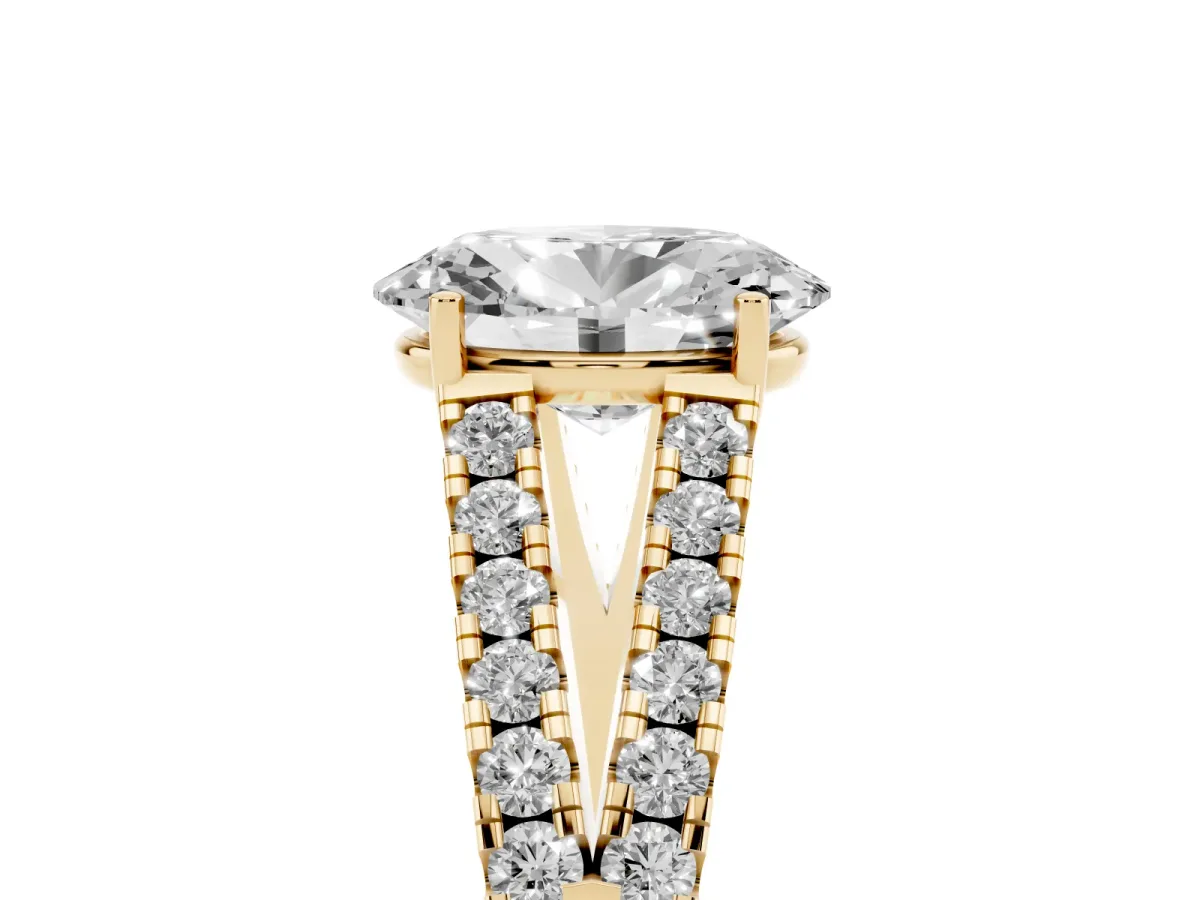 Oval Cut Diamond Split Shank Pavé Engagement Ring with Four-Prong Setting Yellow gold