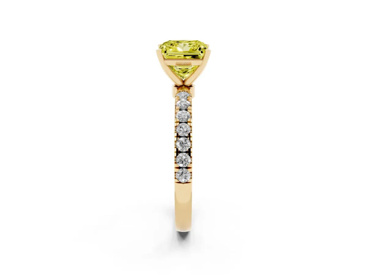 Fancy Yellow Princess Cut Diamond Solitaire Ring with Pavé Accents and Four-Prong Setting Yellow gold