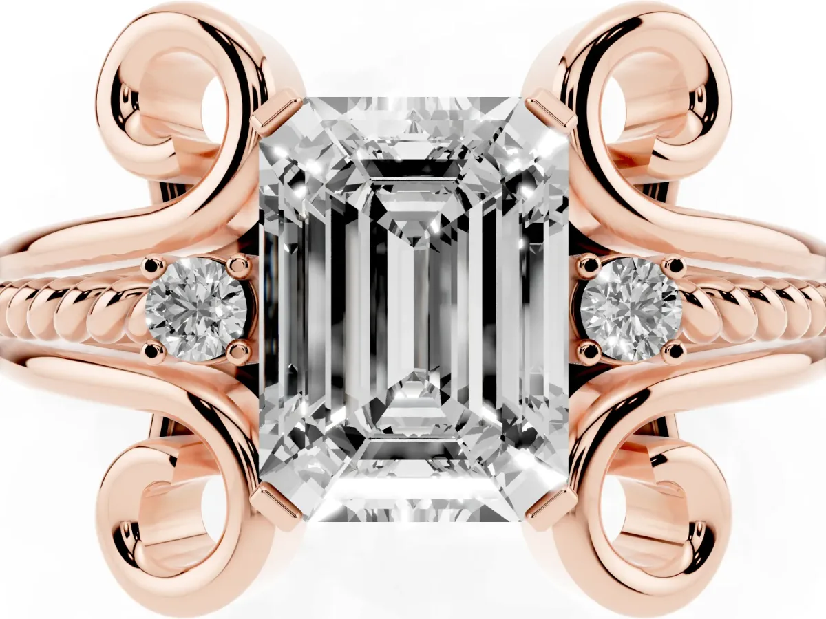 Emerald Cut Solitaire Twisted Band Scroll Prong Ring Rose gold