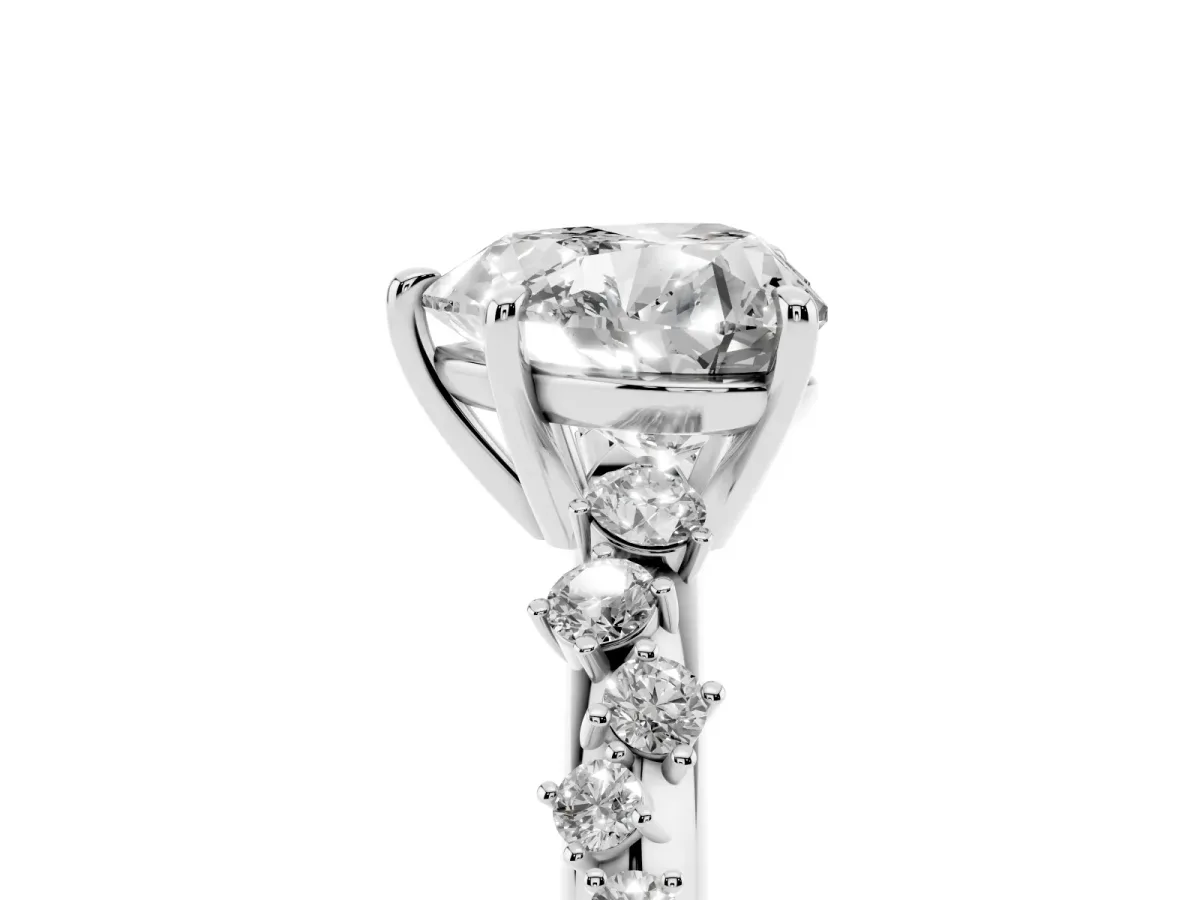 Heart Cut Diamond Cluster Side Stone Solitaire Ring with Prong Setting Silver