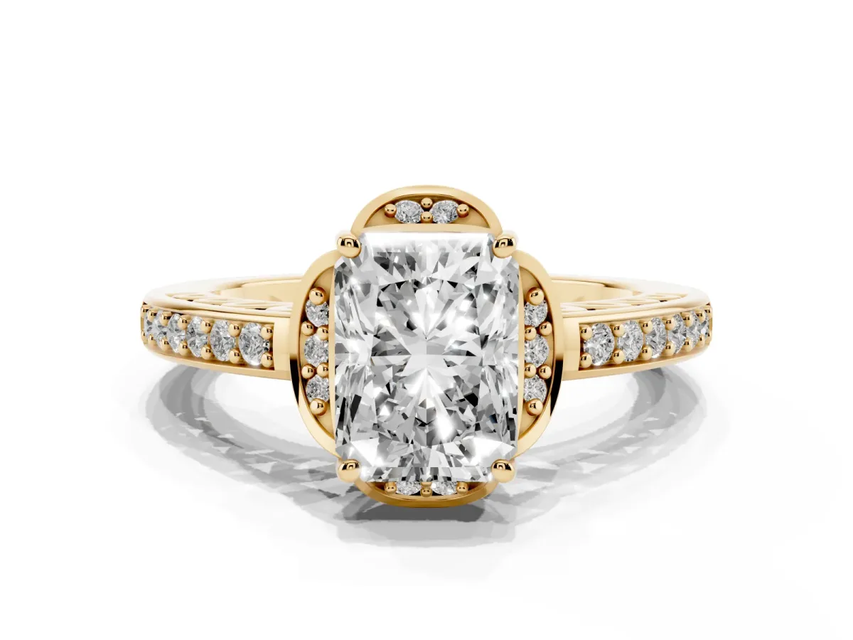 Radiant Cut Cut Halo Diamond Ring with Channel Set Band and Four-Prong Setting Yellow gold