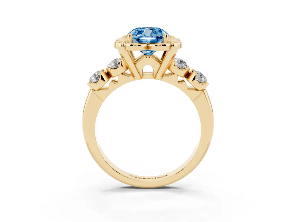 Fancy Blue Cushion Cut Cut Diamond Floral Halo Engagement Ring with Shared Prong Setting Yellow gold