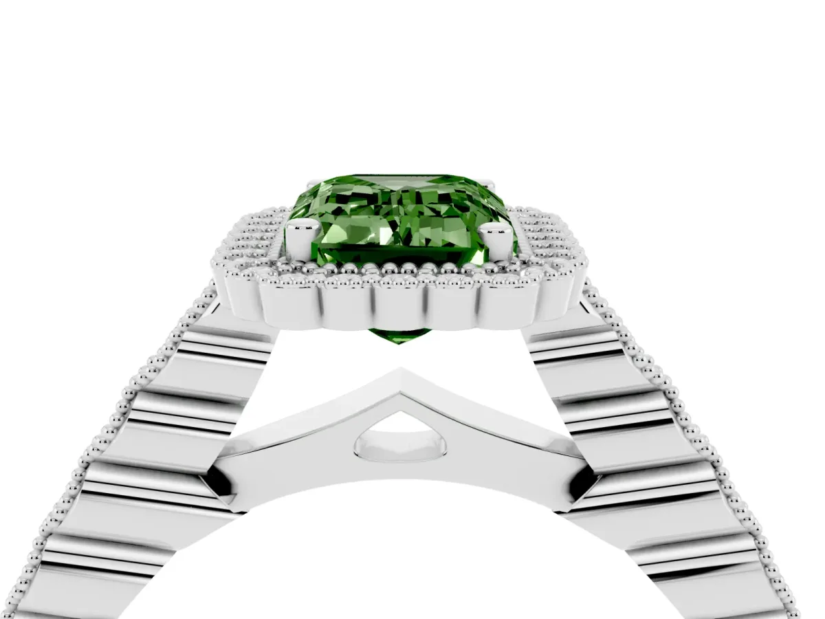Fancy Green Emerald Cut Cut Halo Pavé Solitaire Ring with Milgrain Band Silver