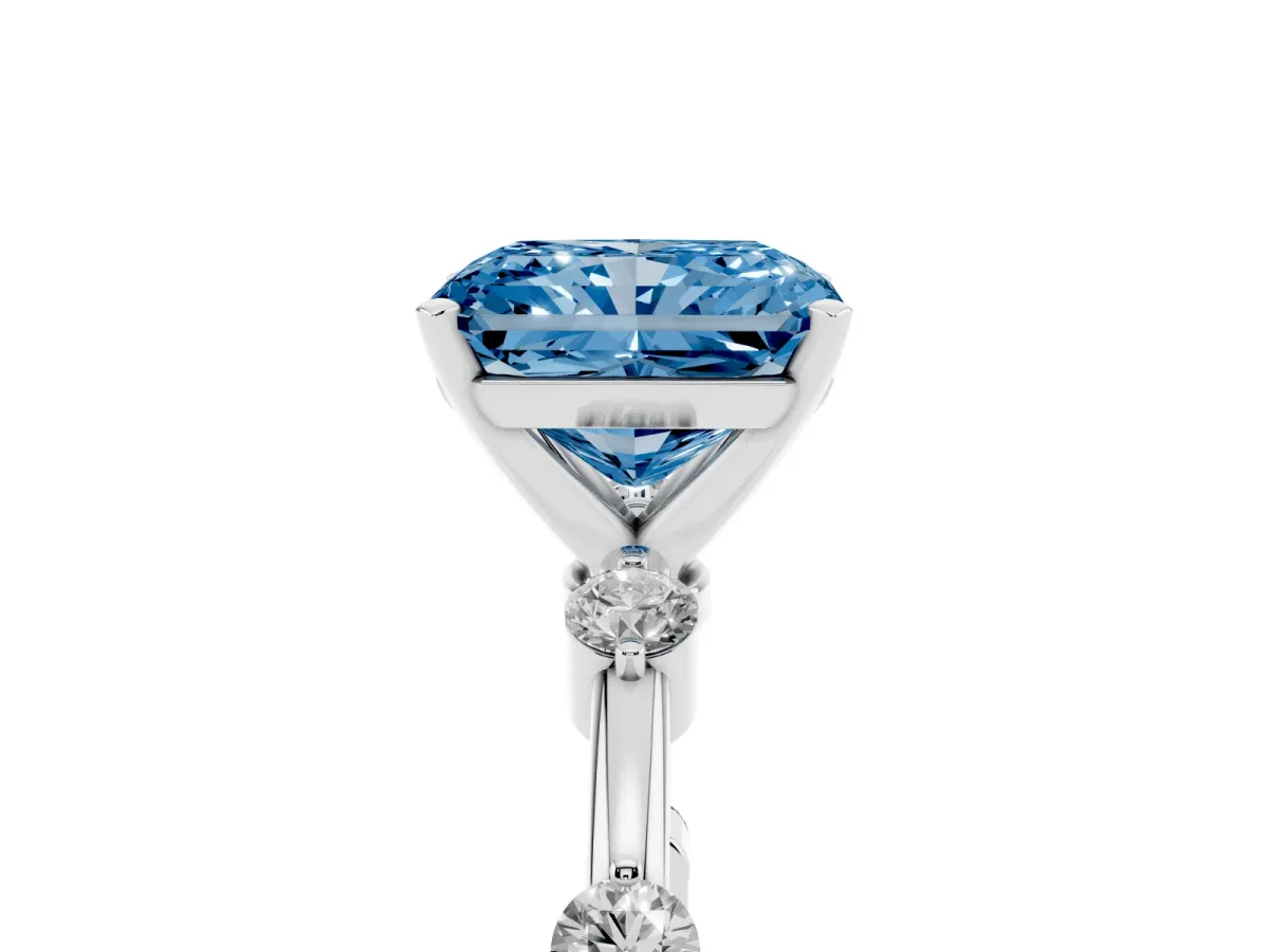 Fancy Blue Radiant Cut Solitaire Diamond Ring with Bezel Set Side Stones and Prong Setting Silver