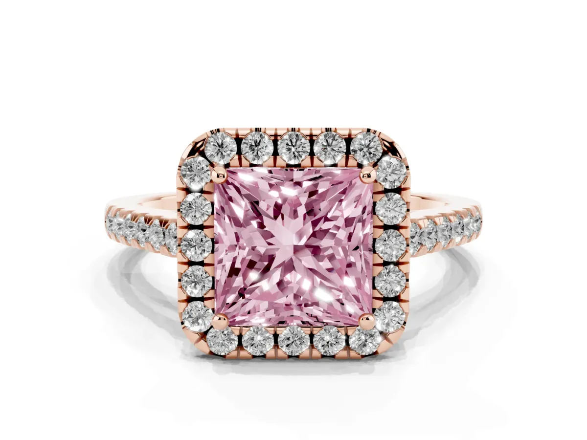Fancy Pink Princess Cut Halo Pavé Diamond Engagement Ring with Four-Prong Setting Rose gold