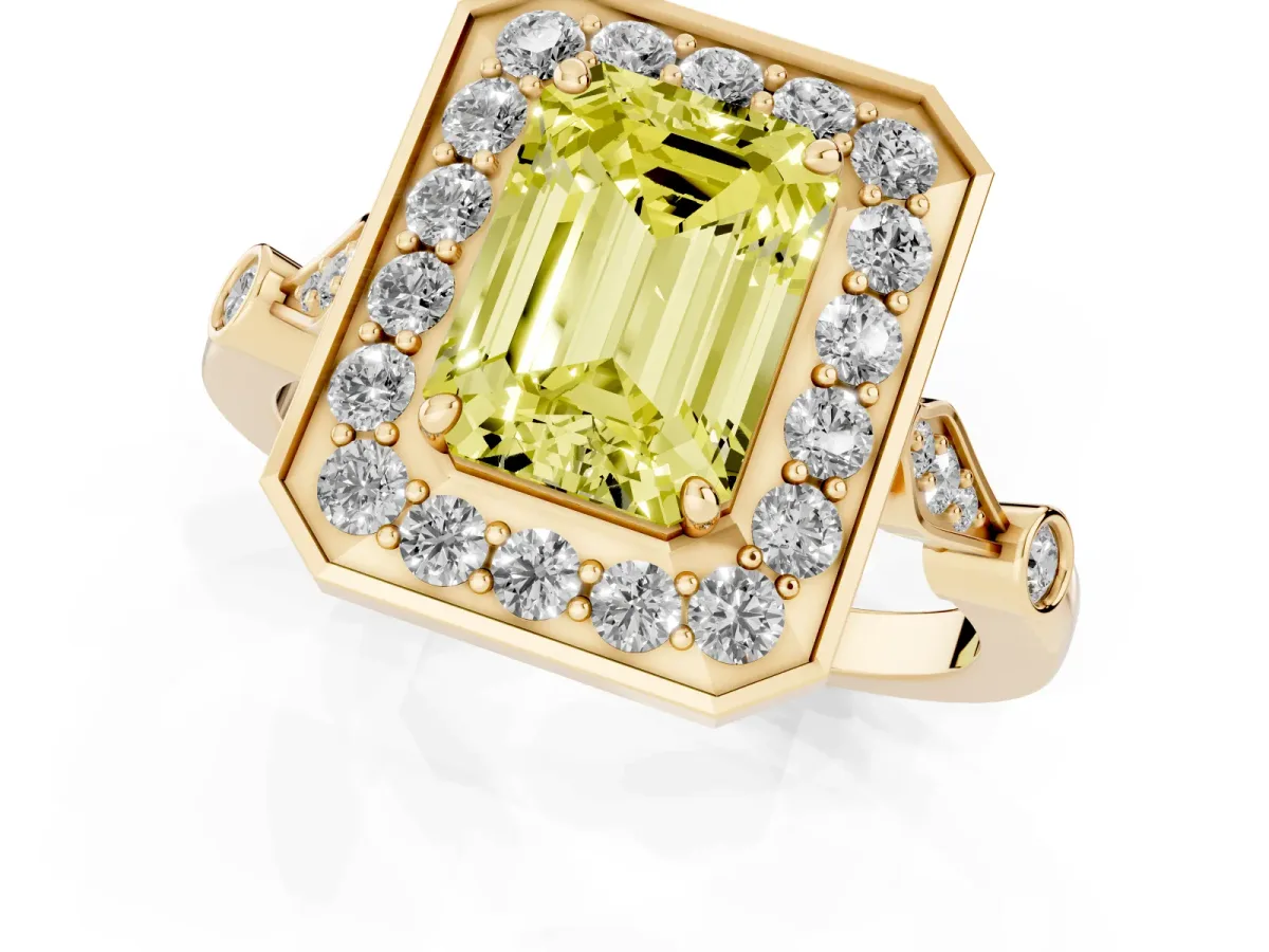 Fancy Yellow Emerald Cut Halo Diamond Engagement Ring with Twisted Band and Four-Prong Setting Yellow gold