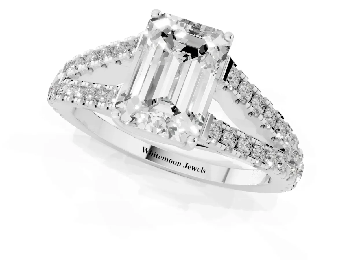 Emerald Cut Diamond Split Shank Engagement Ring with Round Pavé and Prong Setting Platinum