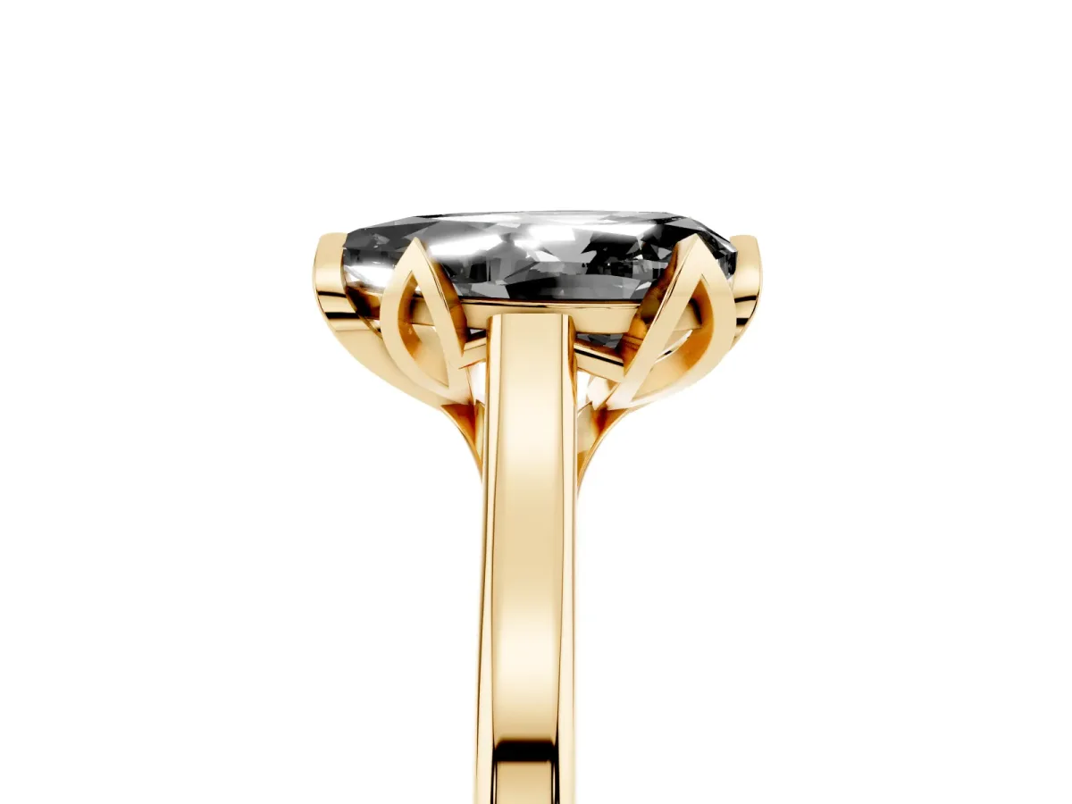 Fancy Black Pear Cut Diamond Solitaire Ring with Flower Prong Setting and Classic Band Yellow gold