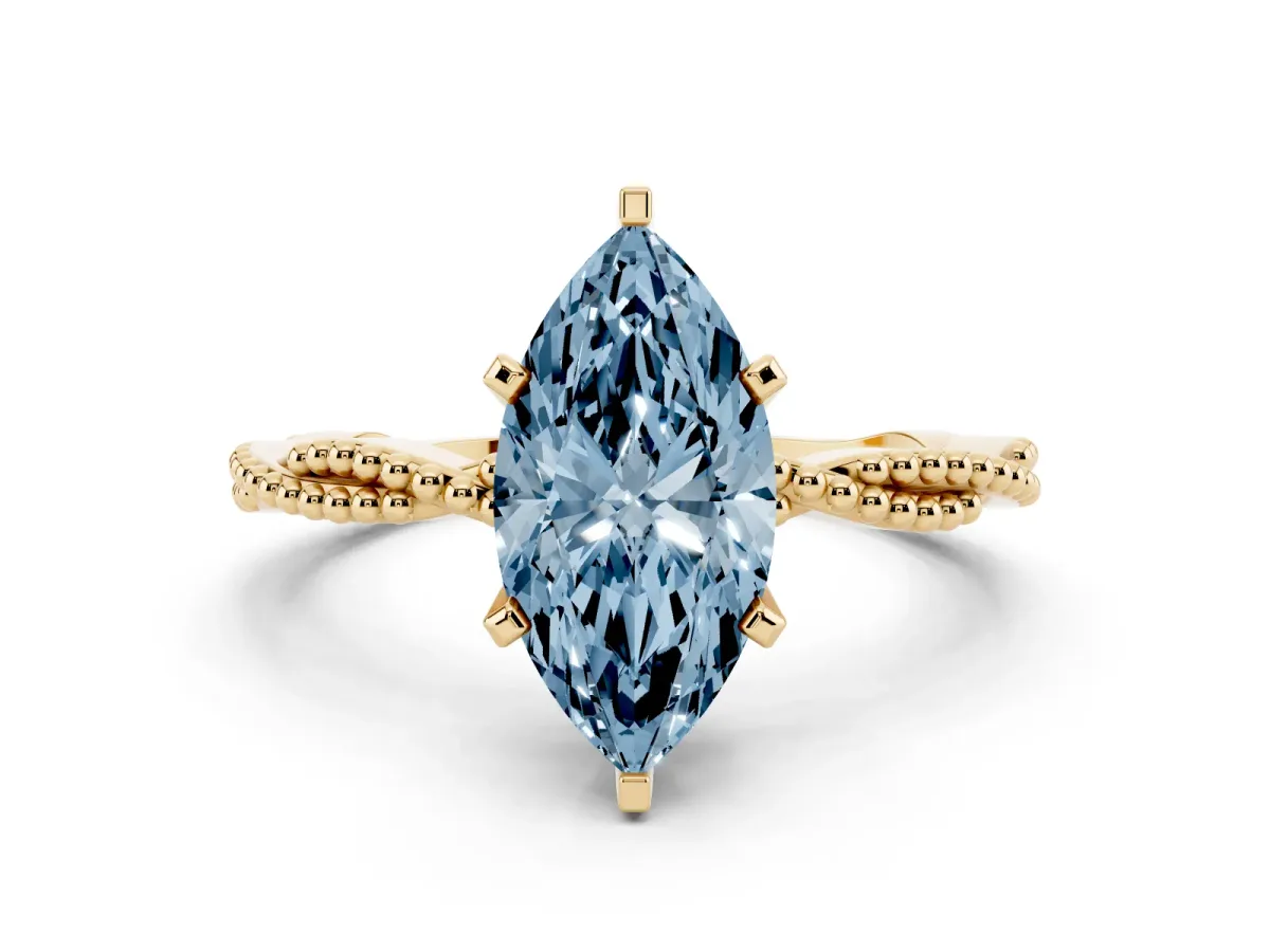 Fancy Blue Marquise Cut Solitaire Twisted Band with Bead Prong Setting Yellow gold