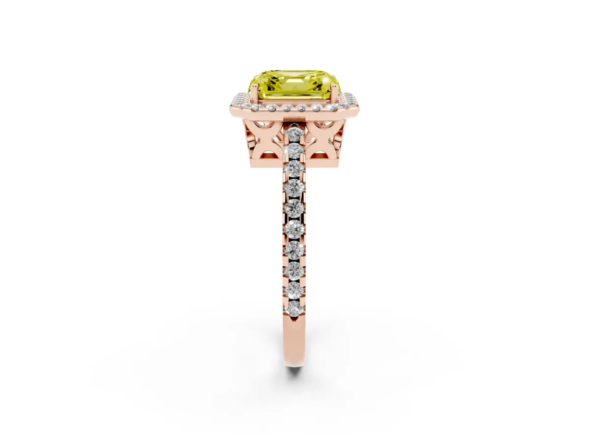 Fancy Yellow Asscher Cut Diamond Halo Engagement Ring with Pavé Band and Prong Setting Rose gold