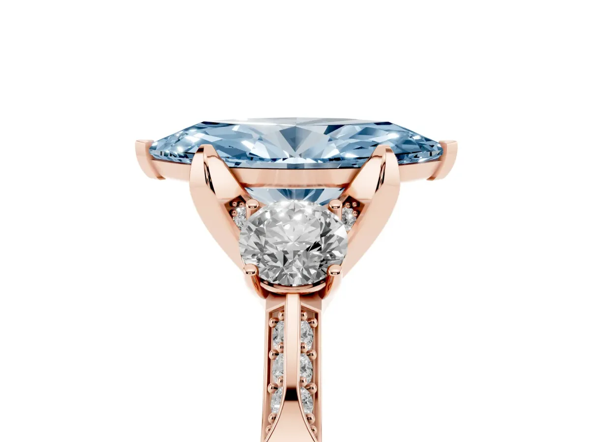 Fancy Blue Marquise Cut Brilliant Three-Stone Diamond Ring with Pavé Band and Four-Prong Setting Rose gold
