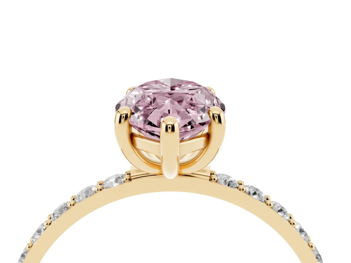 Fancy Pink Marquise Cut Diamond Solitaire Ring with Round Pavé Band and Prong Setting Yellow gold