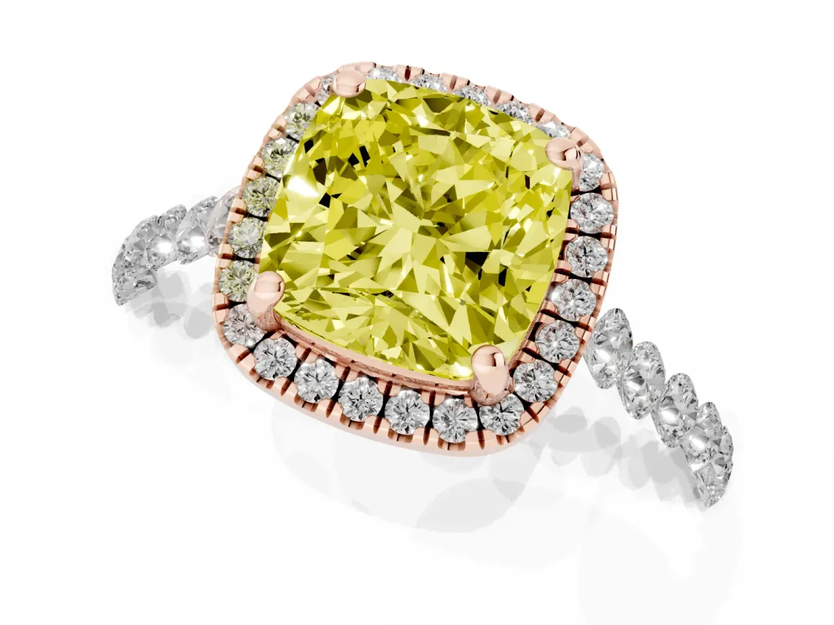 Fancy Yellow Cushion Cut Halo Pavé Diamond Engagement Ring with Four-Prong Setting Rose gold