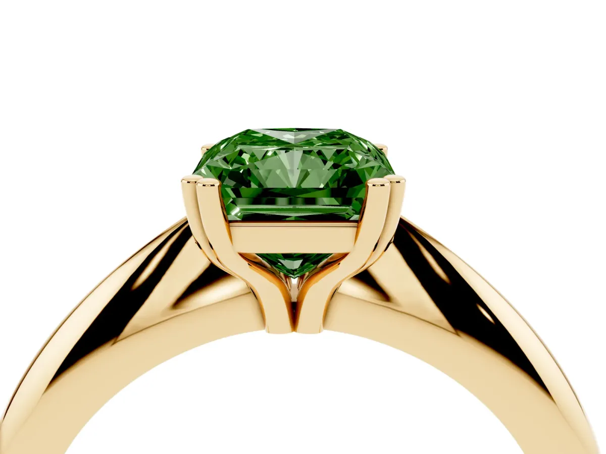 Fancy Green Radiant Cut Cut Solitaire Engagement Ring with Tapered Band and Four-Prong Setting Yellow gold