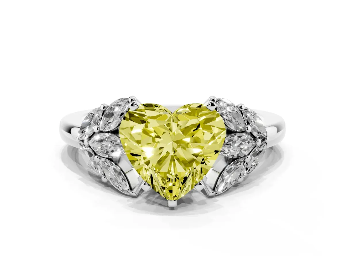 Fancy Yellow Heart Cut Diamond Cluster Leaf Design Ring with Prong Setting Silver