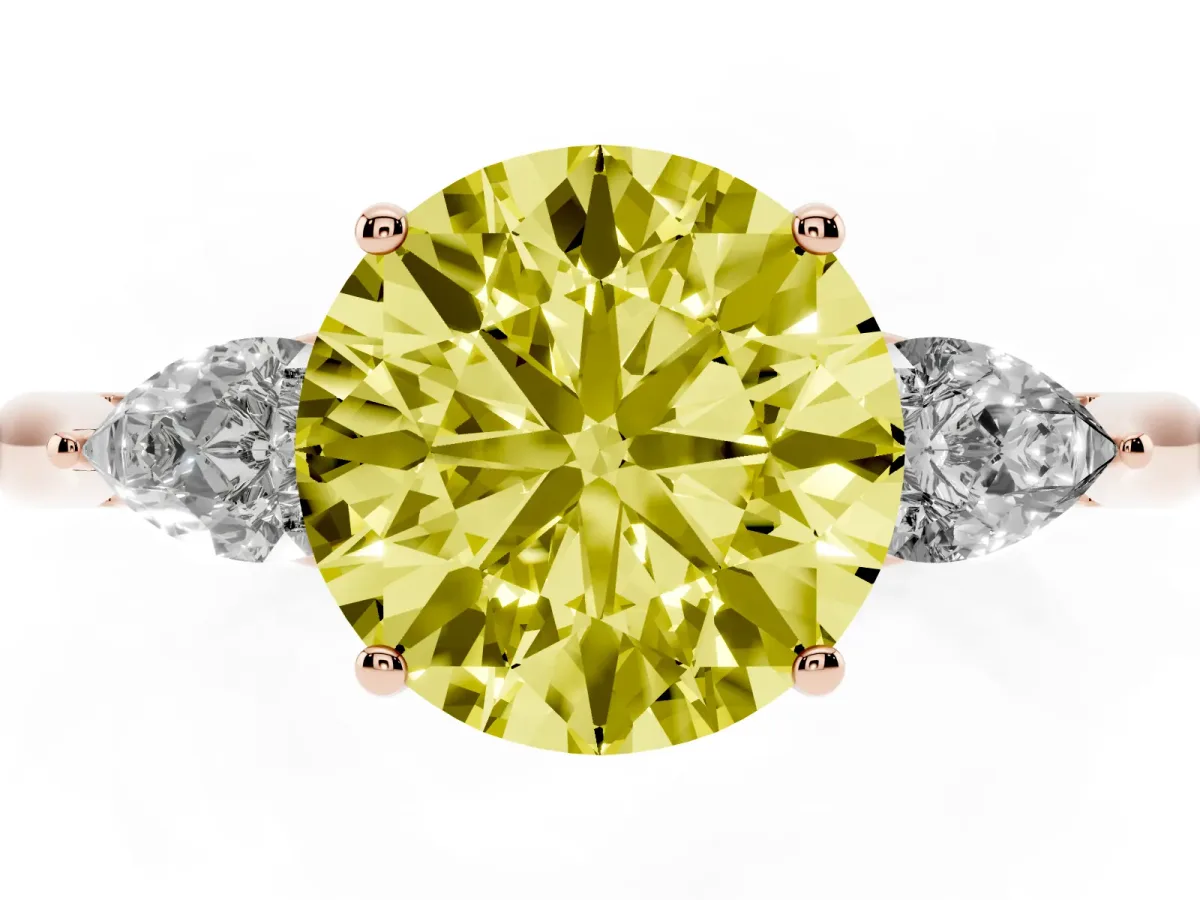 Fancy Yellow Round Cut Diamond Three-Stone Ring with Pear Side Stones and Prong Setting Rose gold
