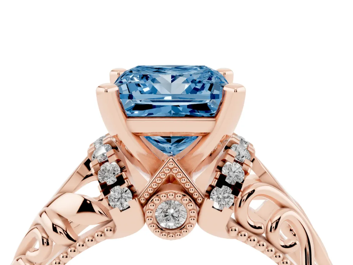 Fancy Blue Princess Cut Solitaire Filigree Engagement Ring with Halo and Prong Setting Rose gold