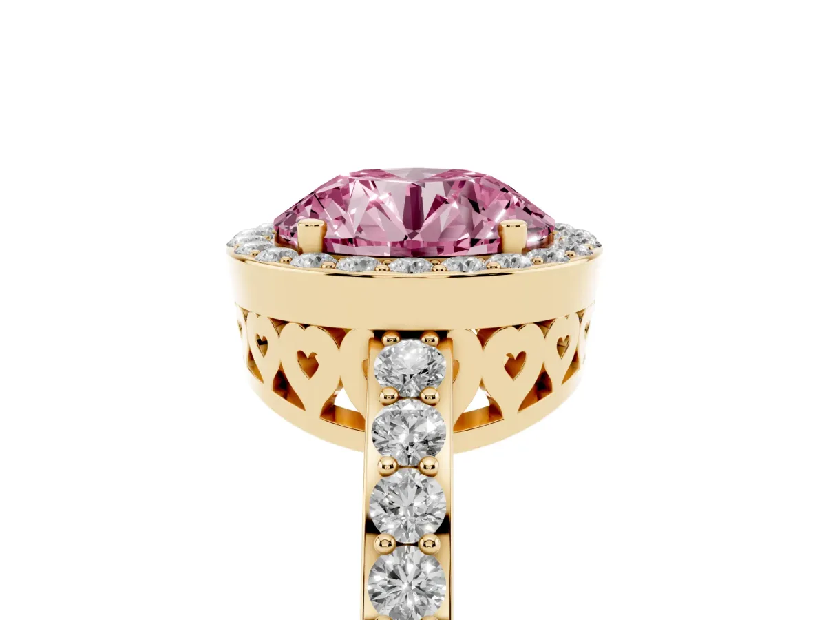 Fancy Pink Round Cut Halo Diamond Pavé Band Ring with Prong Setting Yellow gold