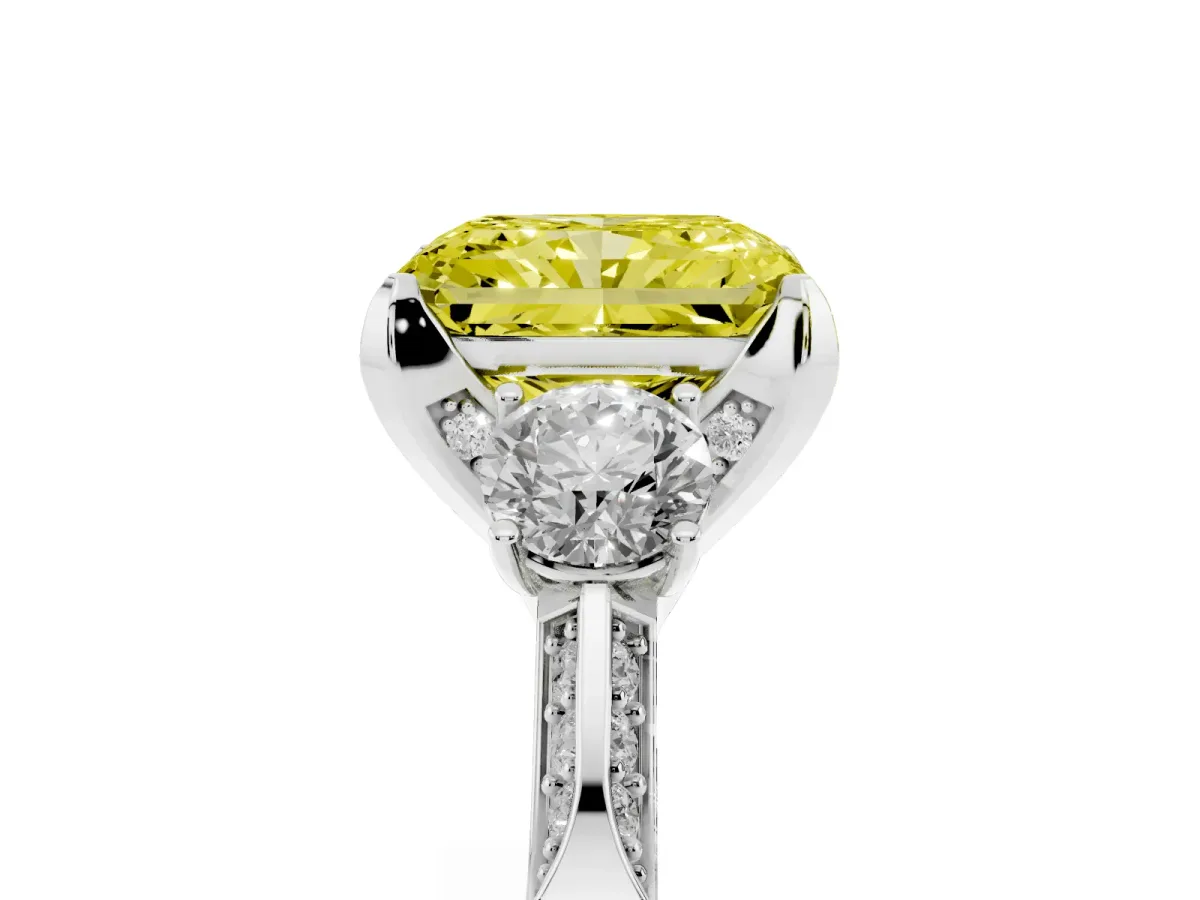 Fancy Yellow Radiant Cut Brilliant Three-Stone Diamond Ring with Pavé Band and Four-Prong Setting White gold