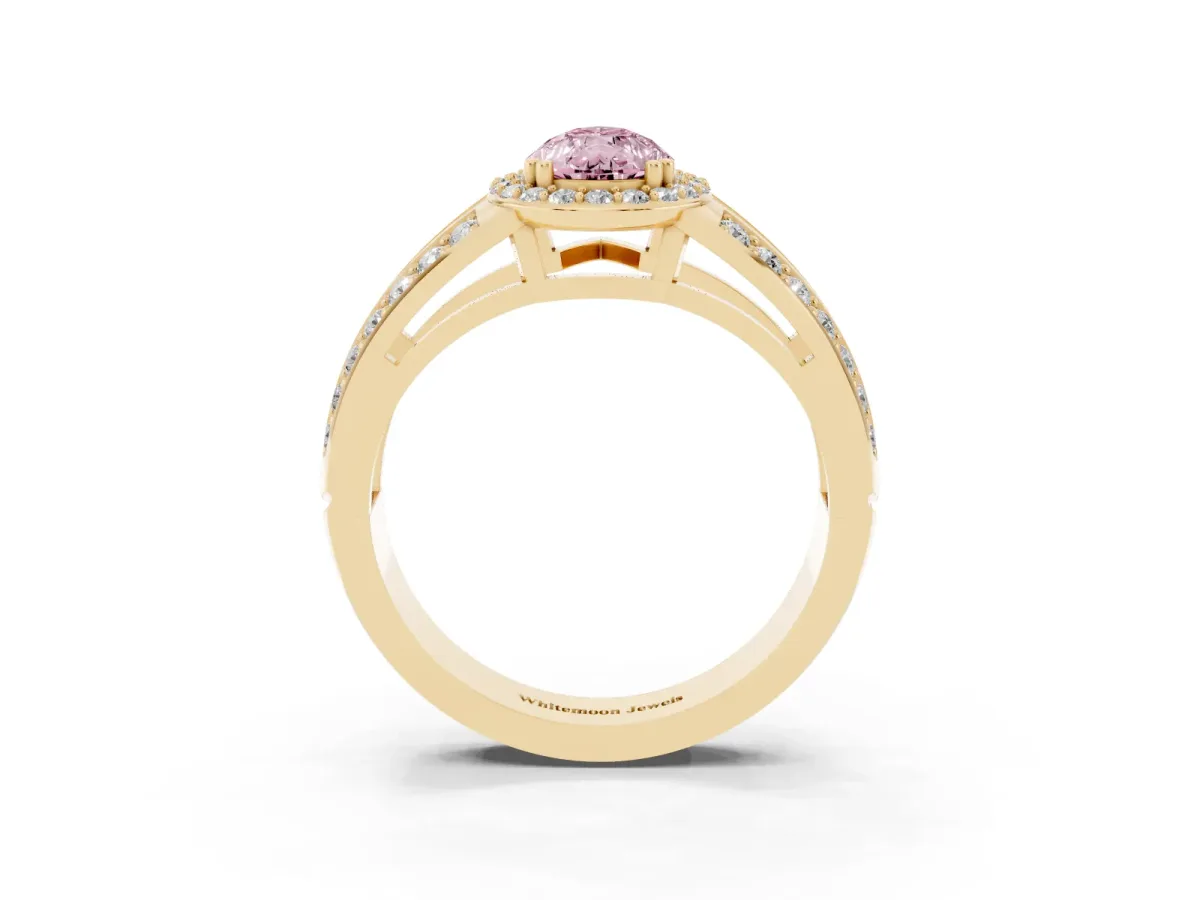 Fancy Pink Pear Cut Diamond Halo Ring with Split Shank Pavé Band and Four-Prong Setting Yellow gold
