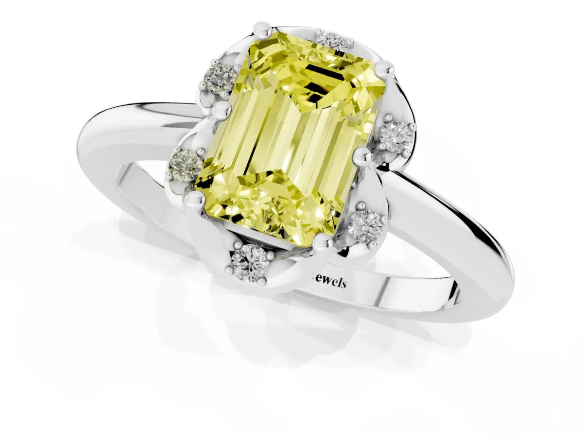 Fancy Yellow Emerald Cut Halo Diamond Ring with Round Cluster Setting, Solitaire Band, and Four-Prong Setting Silver