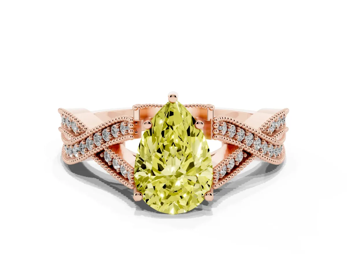 Fancy Yellow Pear Cut Cut Diamond Twisted Band with Milgrain Pave Setting and Four-Prong Setting Rose gold