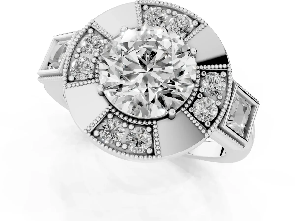 Milgrain Round Cut Diamond Halo Split Shank Ring Platinum