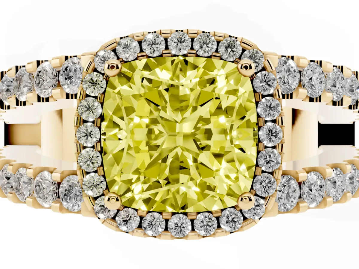 Fancy Yellow Cushion Cut Cut Halo Split Shank Diamond Ring with Four-Prong Setting Yellow gold