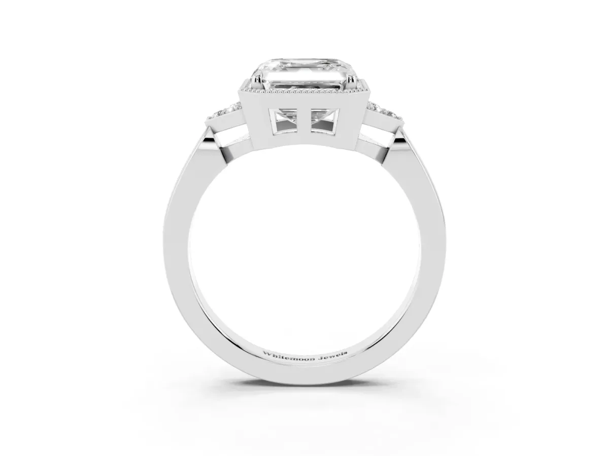 Milgrain Asscher Cut Cut Diamond Ring with Tapered Pave Band and Four Prong Setting White gold