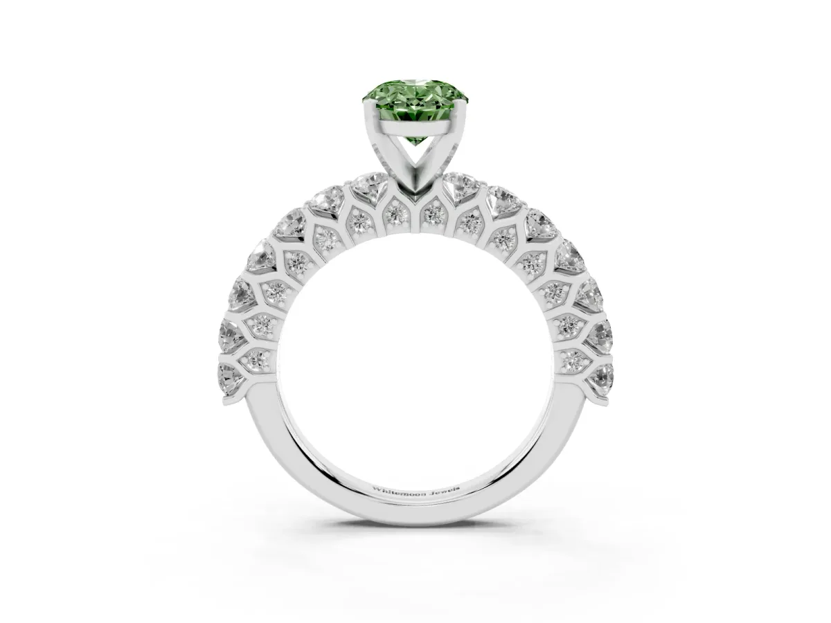 Fancy Green Oval Cut Diamond Solitaire Ring with Shared Prong Pavé Band and Four-Prong Setting Silver
