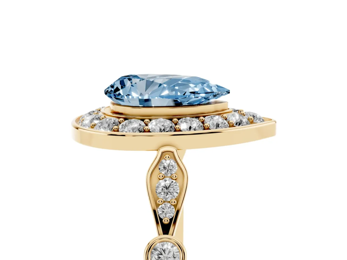 Fancy Blue Pear Cut Halo Diamond Engagement Ring with Twisted Band and Four-Prong Setting Yellow gold