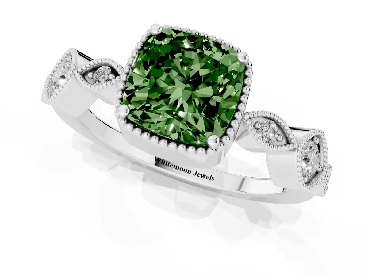 Fancy Green Cushion Cut Diamond Vintage Milgrain Ring with Round Stations Silver