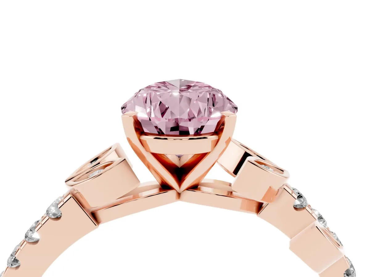 Fancy Pink Pear Cut Solitaire Leaf-Inspired Diamond Ring with Pavé Band and Four-Prong Setting Rose gold