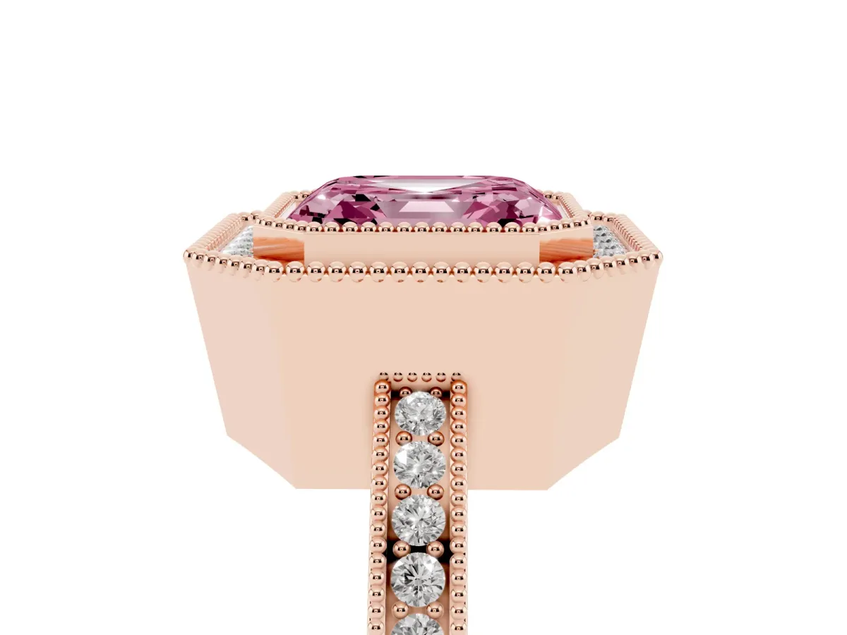Fancy Pink Asscher Cut Cut Halo Diamond Ring with Pavé Band and Milgrain Prong Setting Rose gold
