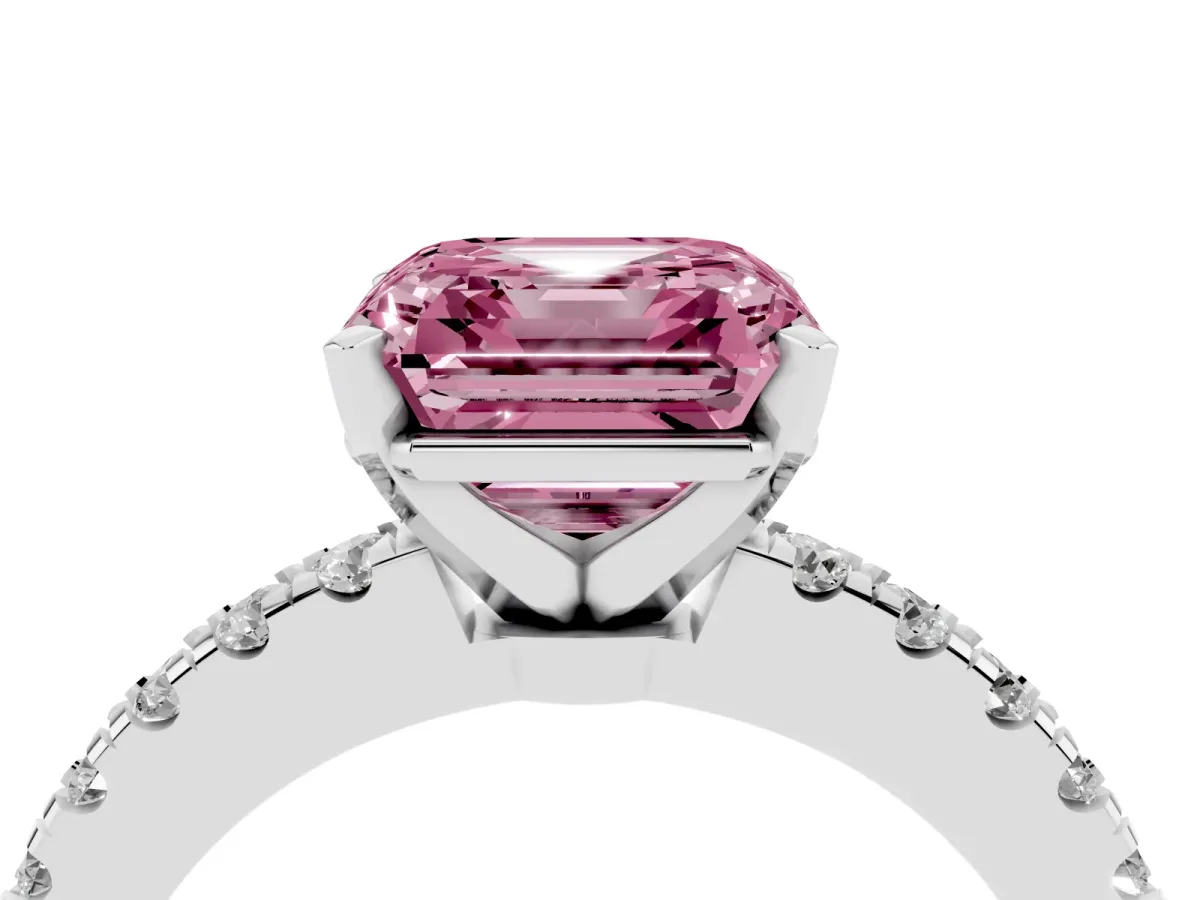 Fancy Pink Asscher Cut Solitaire Diamond with Pavé Band and Four-Prong Setting Platinum
